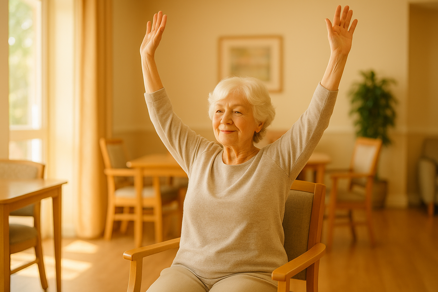 Senior woman doing gentle seated arm stretch in a community room